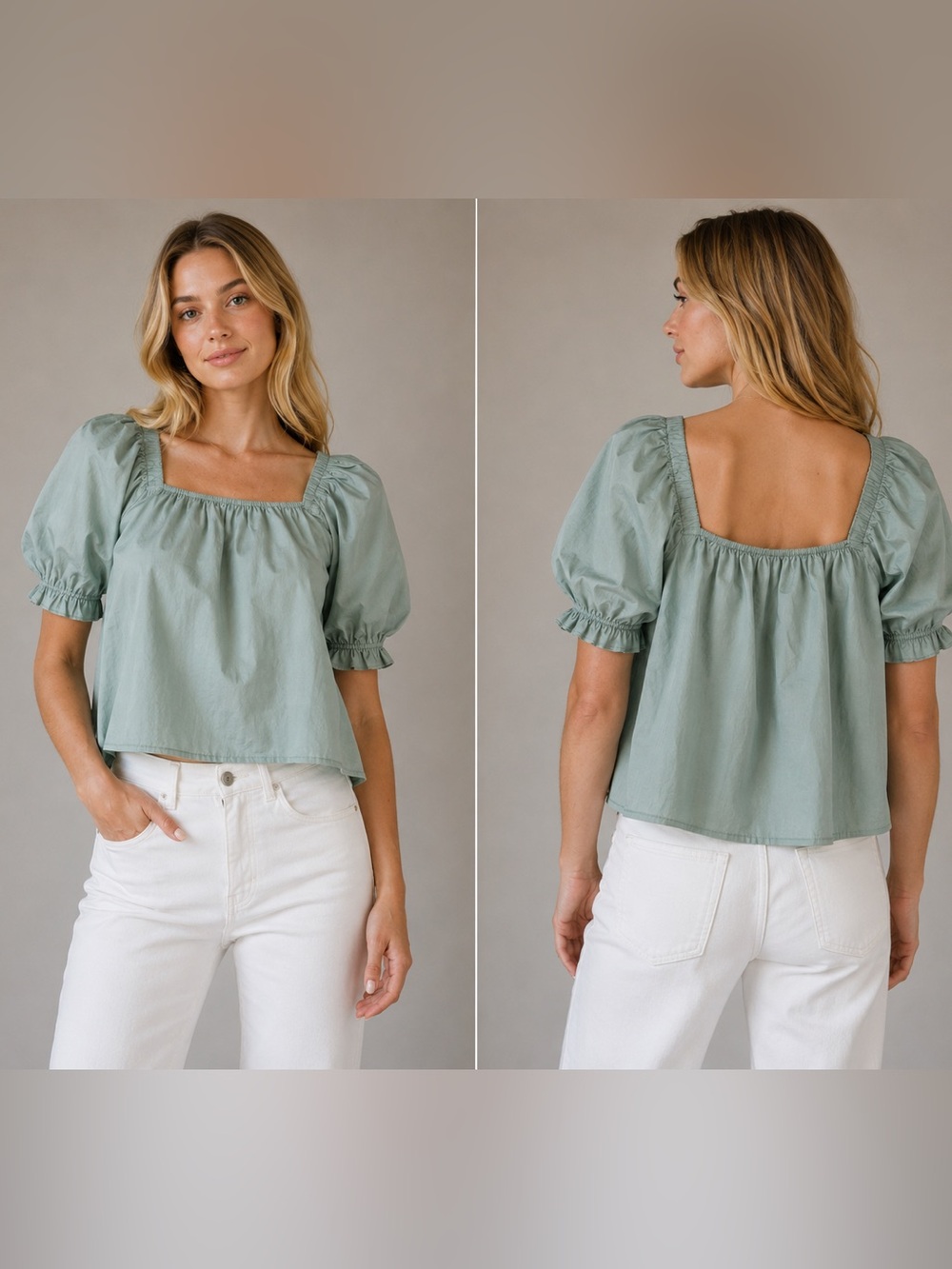 English Factory Sage Green Puff-Sleeve Square-Neck Blouse